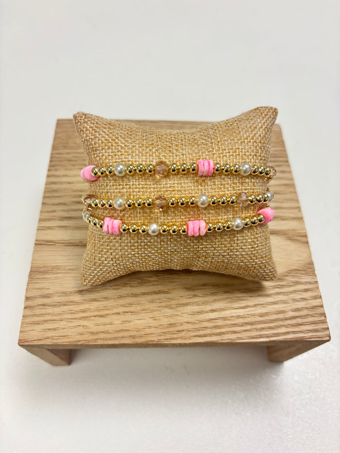 Adjustable Gold, Pink & Pearls Beads - 3 in 1 Bracelet