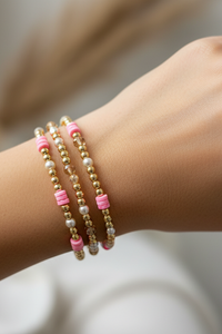 Adjustable Gold, Pink & Pearls Beads - 3 in 1 Bracelet