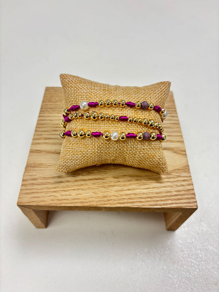 Adjustable Gold, Purple & Pearls Beads - 3 in 1 Bracelet