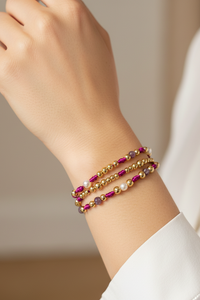 Adjustable Gold, Purple & Pearls Beads - 3 in 1 Bracelet