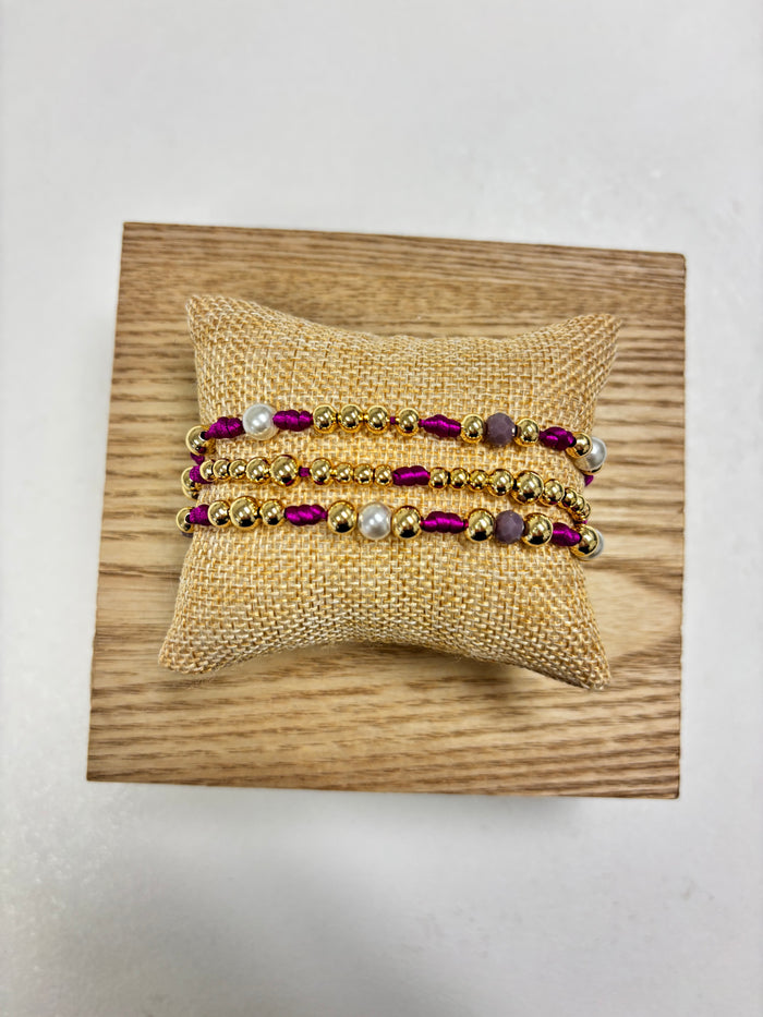Adjustable Gold, Purple & Pearls Beads - 3 in 1 Bracelet