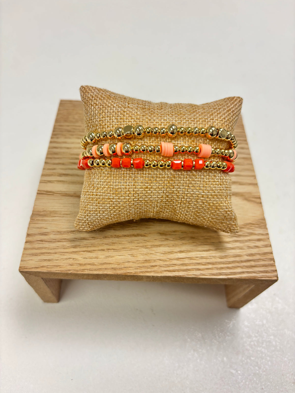 Adjustable Gold, Orange & Pearls Beads - 3 in 1 Bracelet