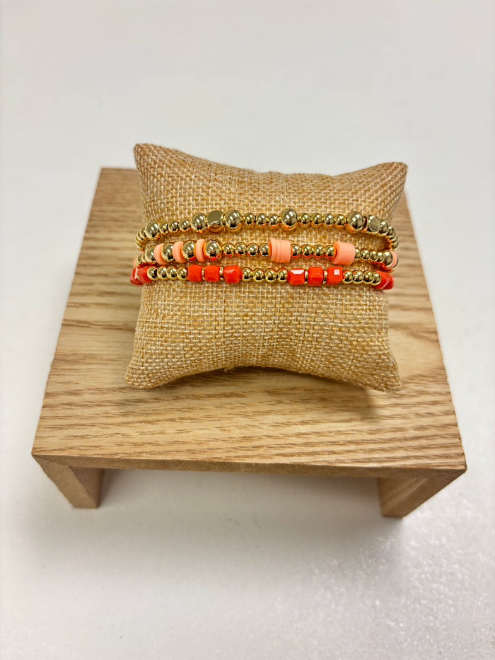 Adjustable Gold, Orange & Pearls Beads - 3 in 1 Bracelet