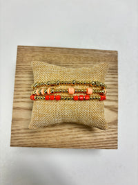 Adjustable Gold, Orange & Pearls Beads - 3 in 1 Bracelet