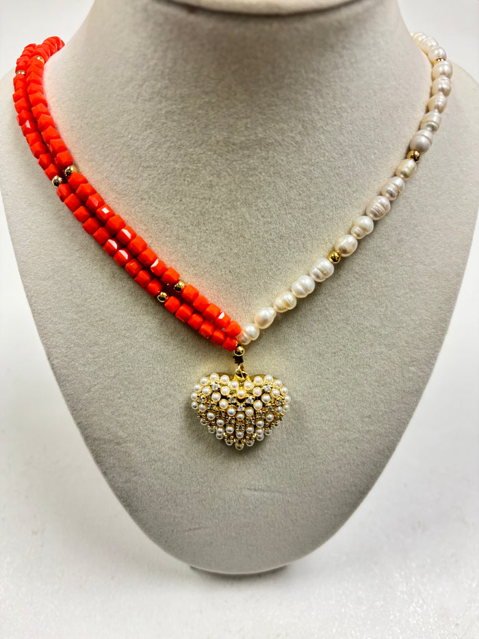 White Pearls & Orange Beads W/Gold Vintage Heart Chain Necklace