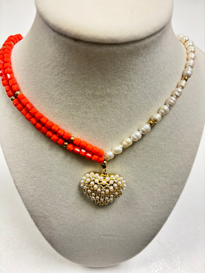 White Pearls & Orange Beads W/Gold Vintage Heart Chain Necklace