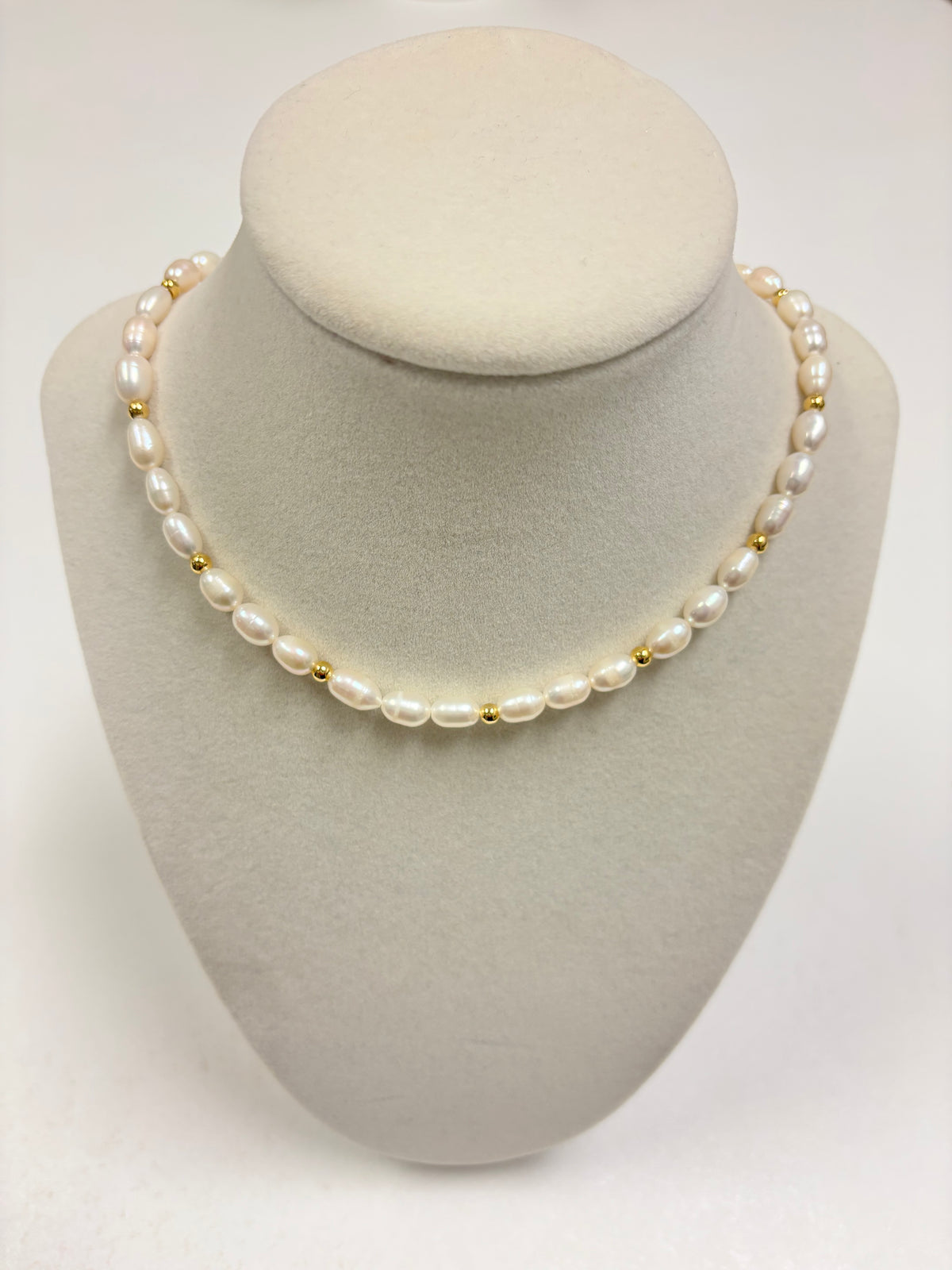 White Pearls Alternate W/Small Gold Beads Necklace