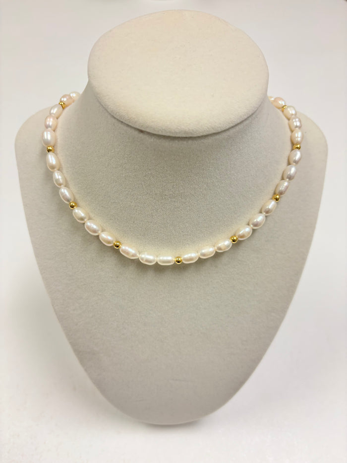 White Pearls Alternate W/Small Gold Beads Necklace