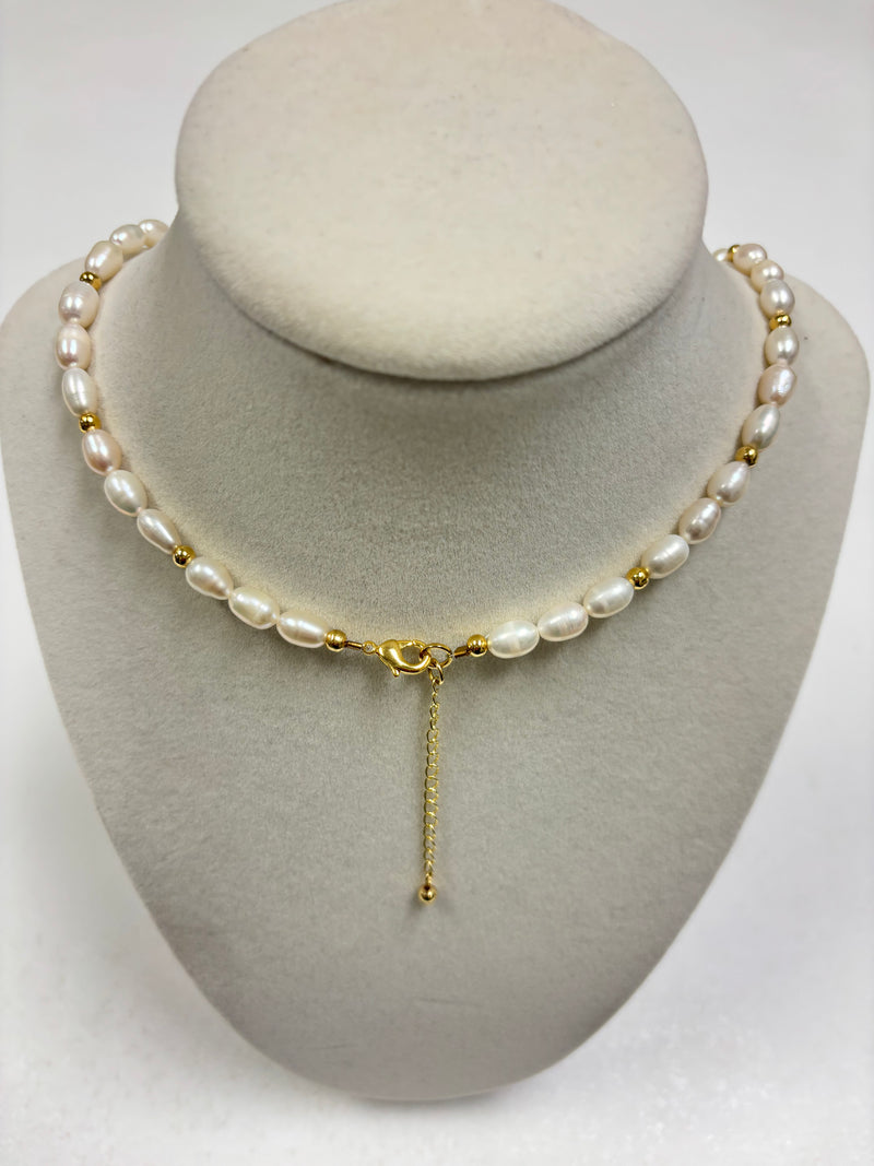 White Pearls Alternate W/Small Gold Beads Necklace