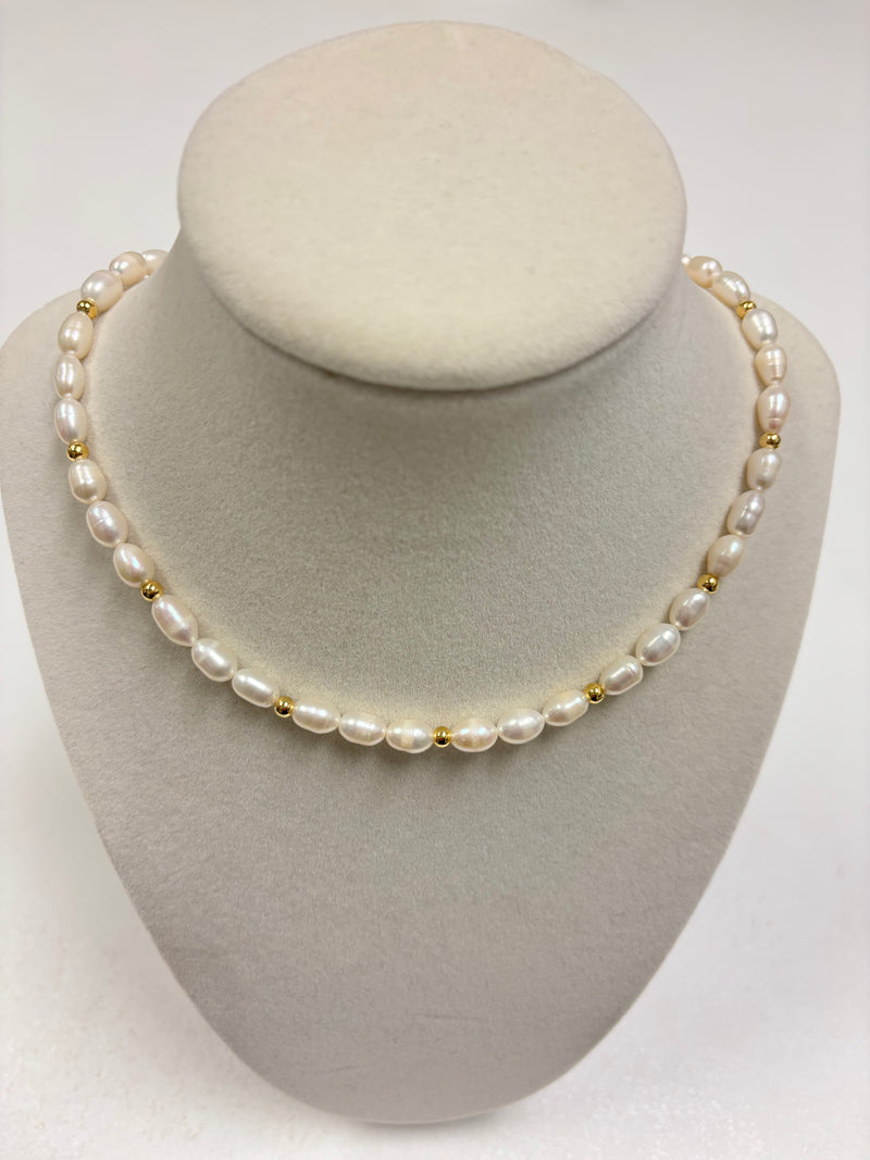 White Pearls Alternate W/Small Gold Beads Necklace