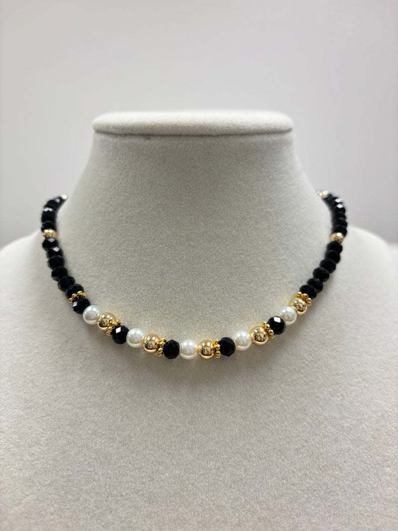 Black Beads with Shiny Small Gold Beads Necklace