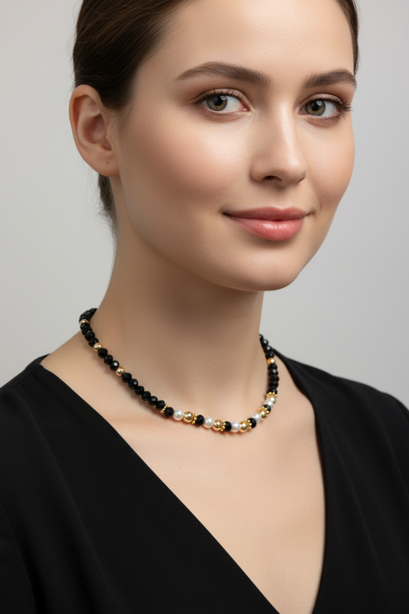 Black Beads with Shiny Small Gold Beads Necklace