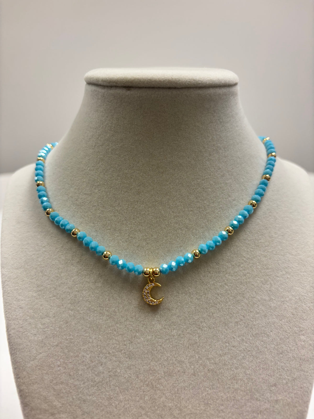Blue Beads with Shiny Small Gold Beads &  Zircon Moon Necklace