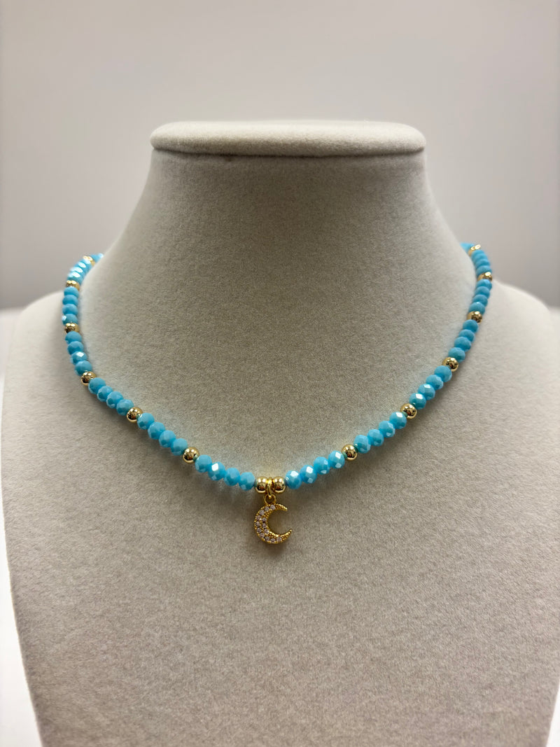 Blue Beads with Shiny Small Gold Beads &  Zircon Moon Necklace