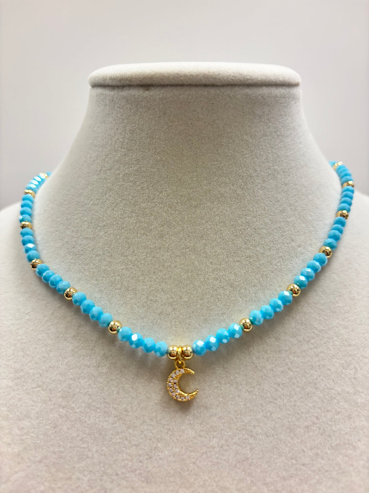 Blue Beads with Shiny Small Gold Beads &  Zircon Moon Necklace