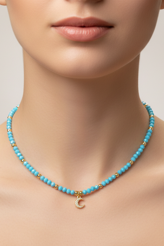 Blue Beads with Shiny Small Gold Beads &  Zircon Moon Necklace
