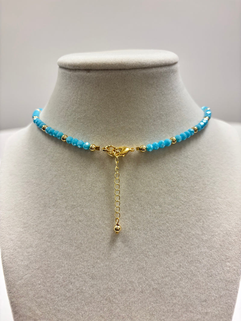 Blue Beads with Shiny Small Gold Beads &  Zircon Moon Necklace