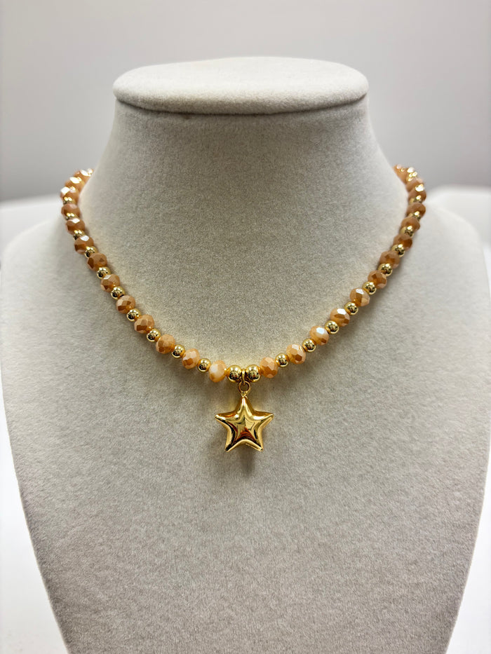 Peach Beads with Shiny Small Gold Beads Necklace