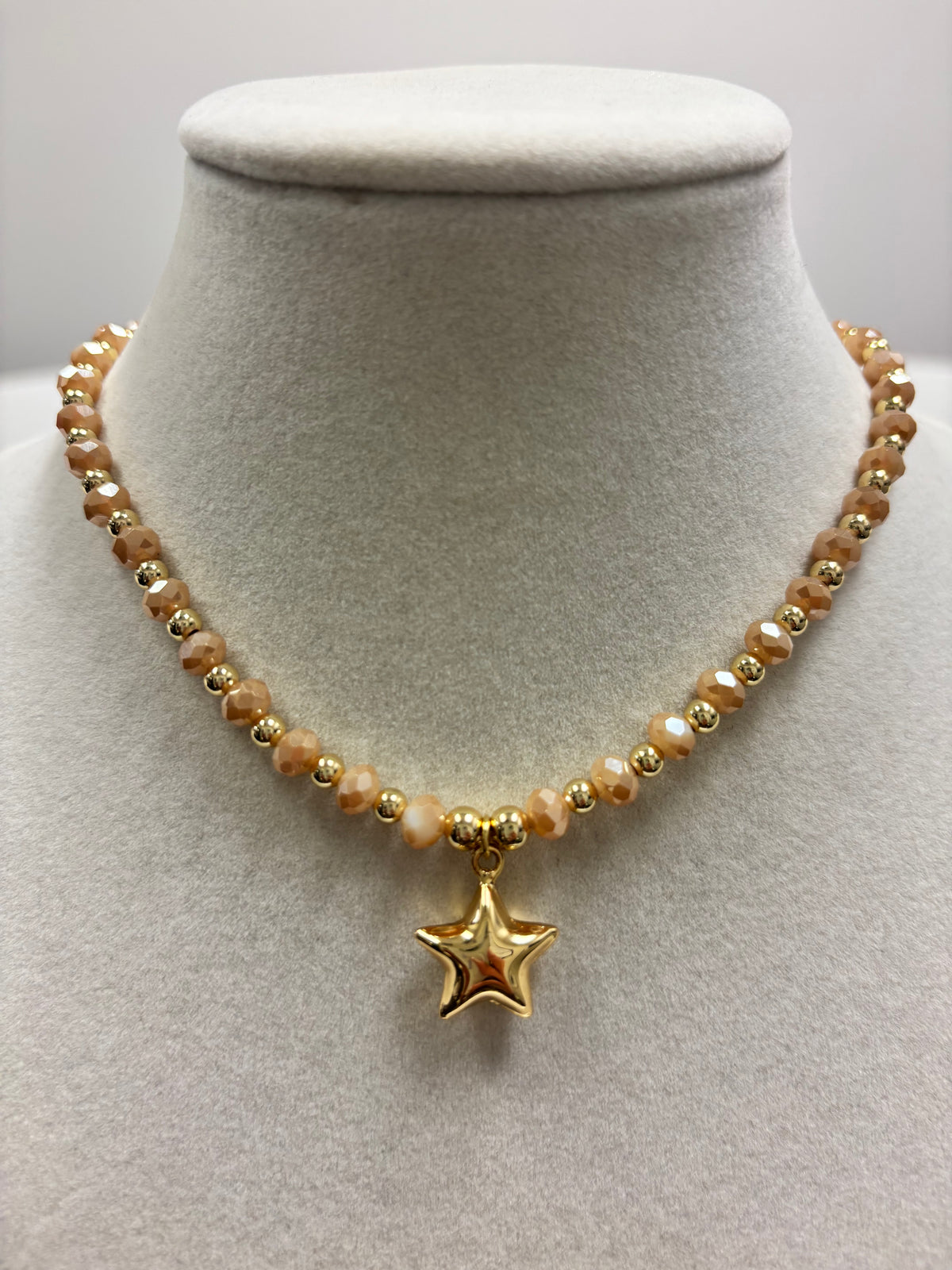 Peach Beads with Shiny Small Gold Beads Necklace