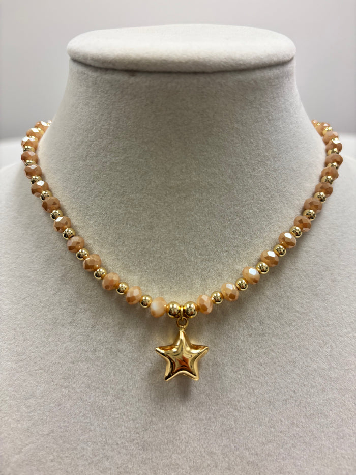 Peach Beads with Shiny Small Gold Beads Necklace