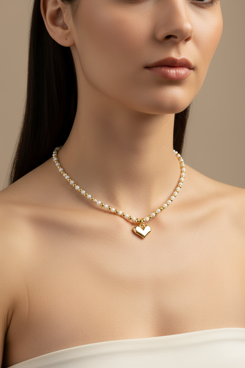 Light Gray Beads with Shiny Small Gold Beads  Necklace