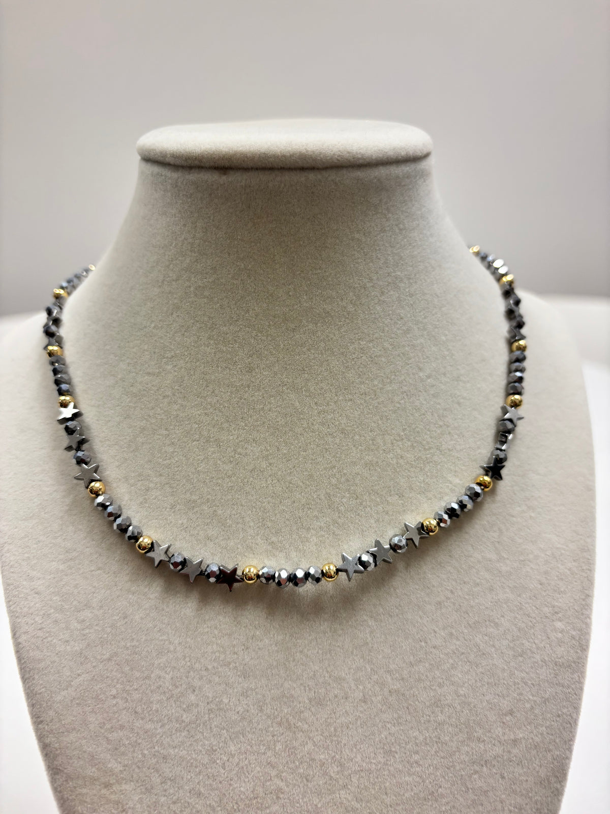 Silver Beads With Shiny Small Silver Stars  Necklace