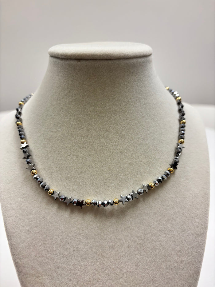 Silver Beads With Shiny Small Silver Stars  Necklace