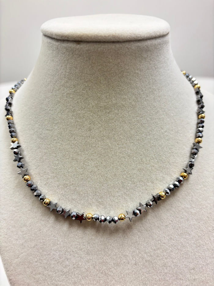 Silver Beads With Shiny Small Silver Stars  Necklace