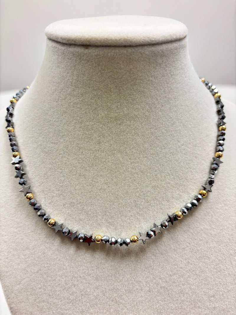 Silver Beads With Shiny Small Silver Stars  Necklace