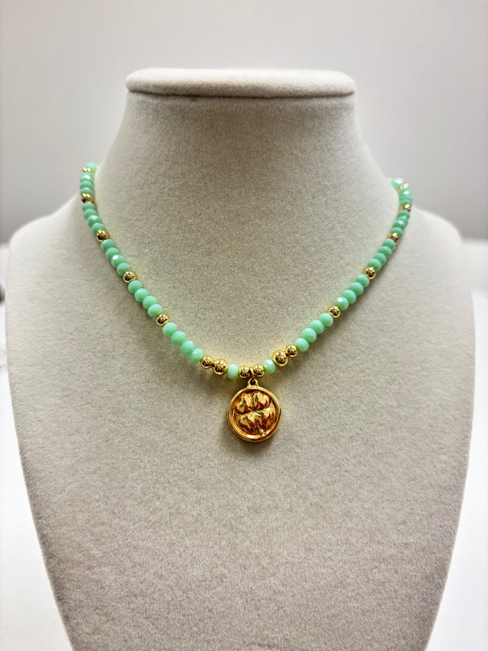 Mermaid's Tale Beads With Shiny Small Gold Beads & Leaf Clover Necklace