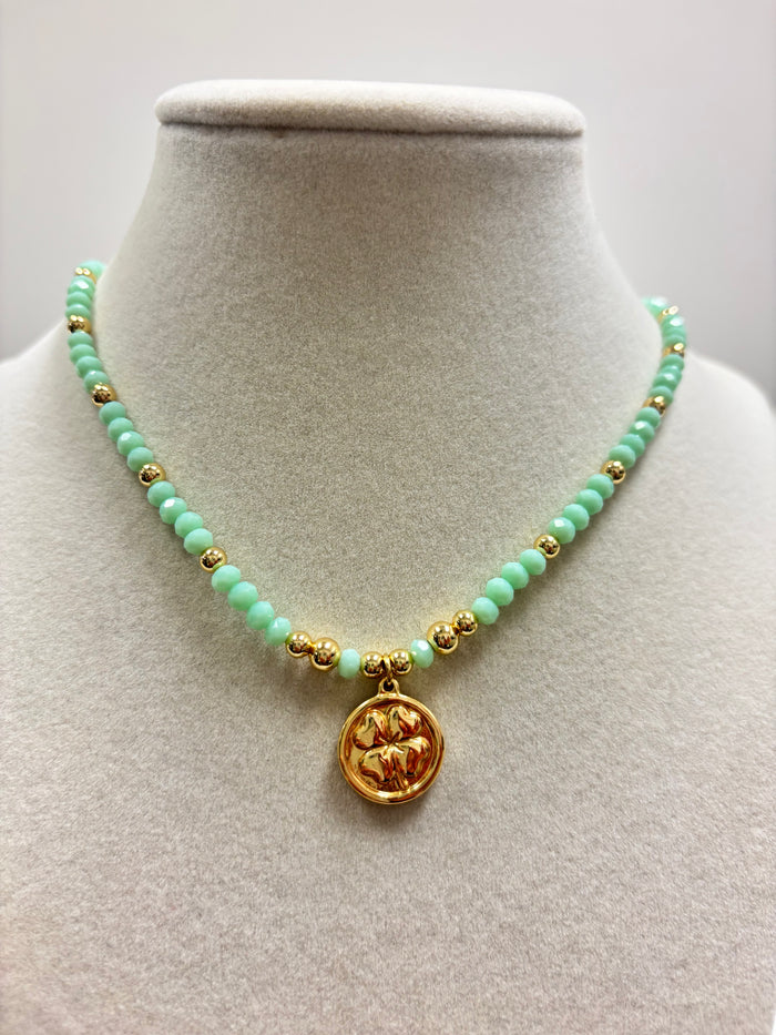 Mermaid's Tale Beads With Shiny Small Gold Beads & Leaf Clover Necklace