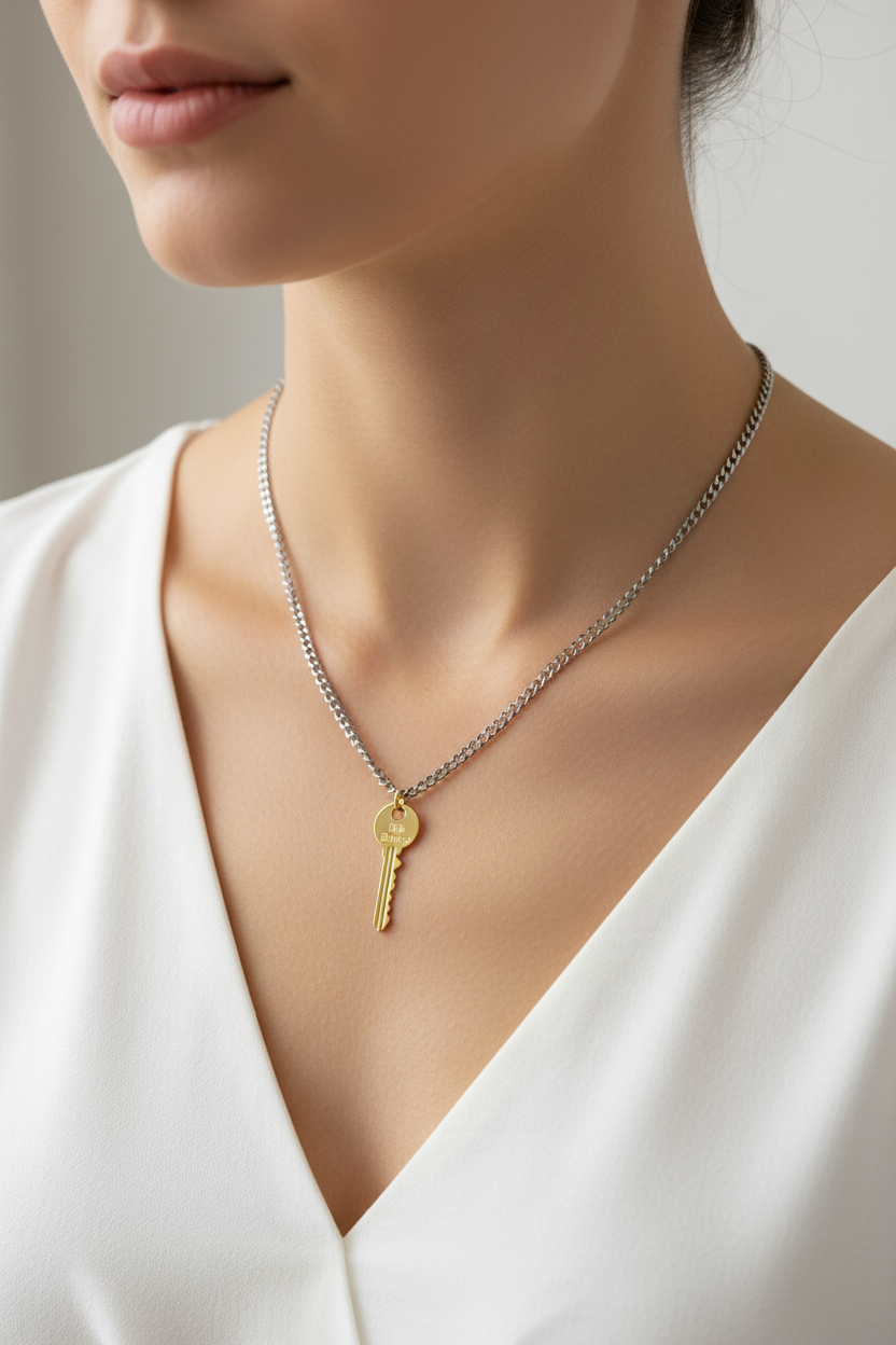 Silver Chain W/Gold Key Pendant Necklace