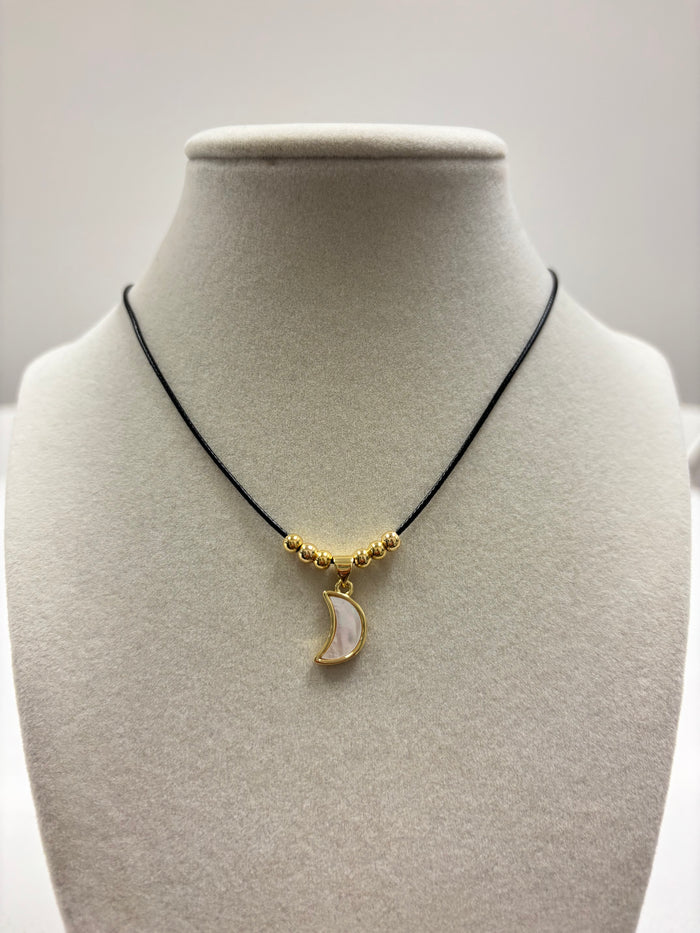 Adjustable Black Rope W/Nacar Moon & Mini Gold Beads Necklace