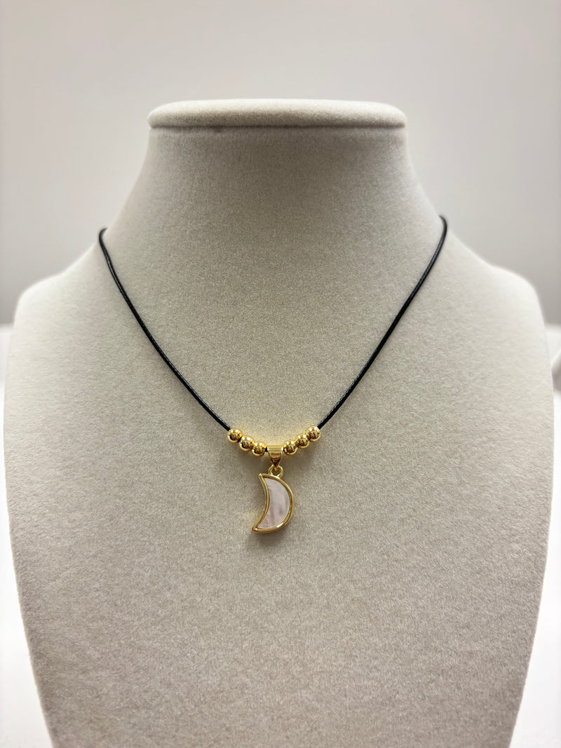 Adjustable Black Rope W/Nacar Moon & Mini Gold Beads Necklace