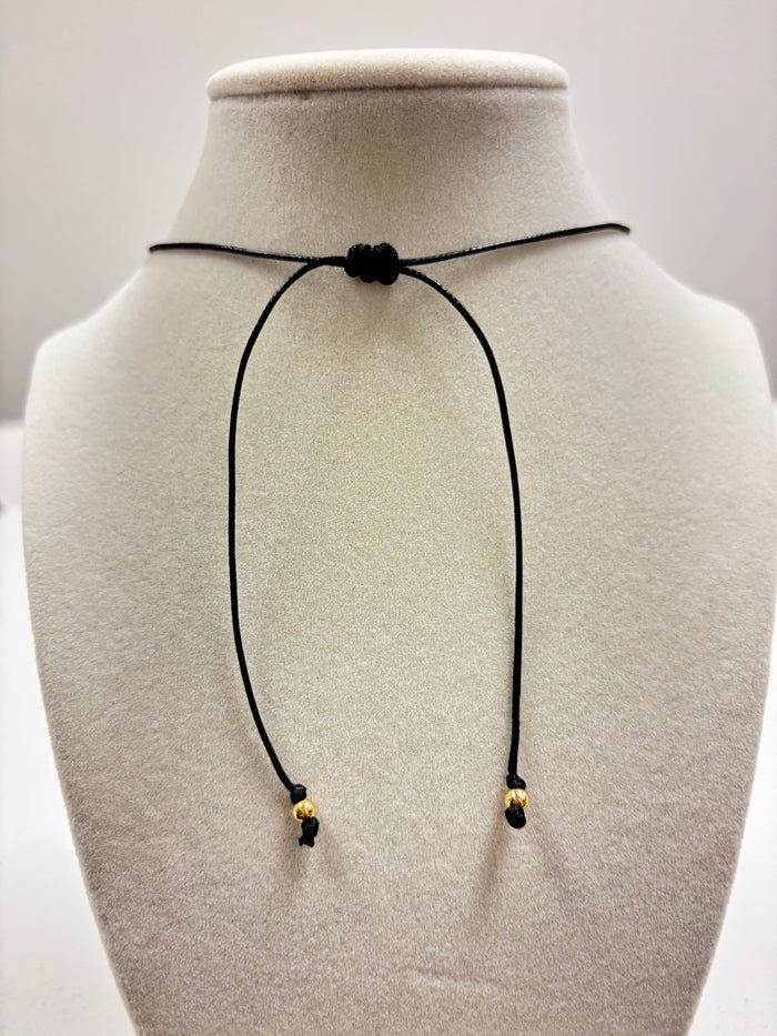 Adjustable Black Rope W/Nacar Moon & Mini Gold Beads Necklace