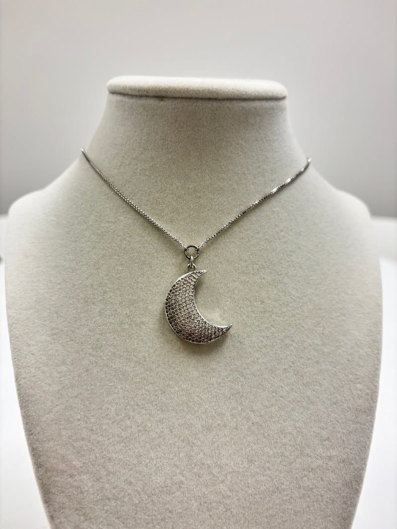 Adjustable Silver Chain W/Silver & Mini Brilliants Crescent Moon Necklace