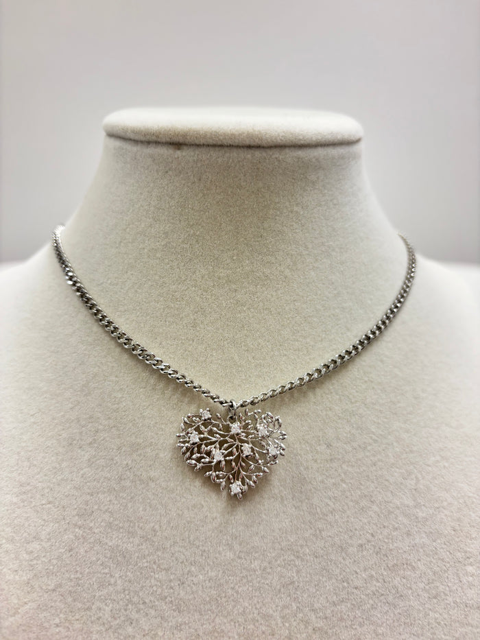 Silver Chain W/Mini Flowers Heart Claps Necklace