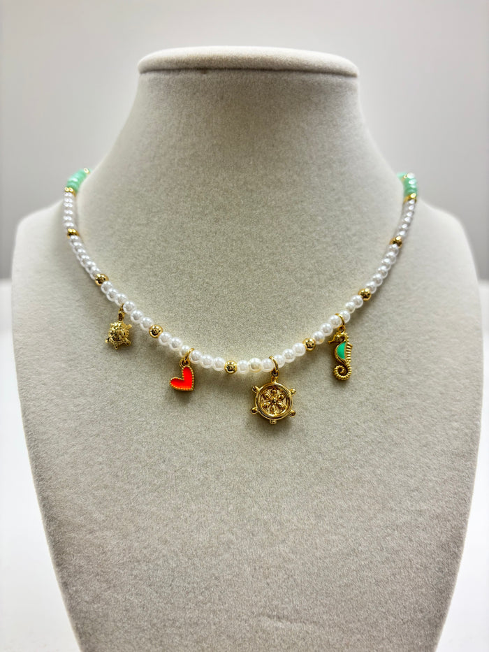 Mini Pearls & Mint Green Beads W/Turtle-Heart-Helm-Seahorse Charms Necklace