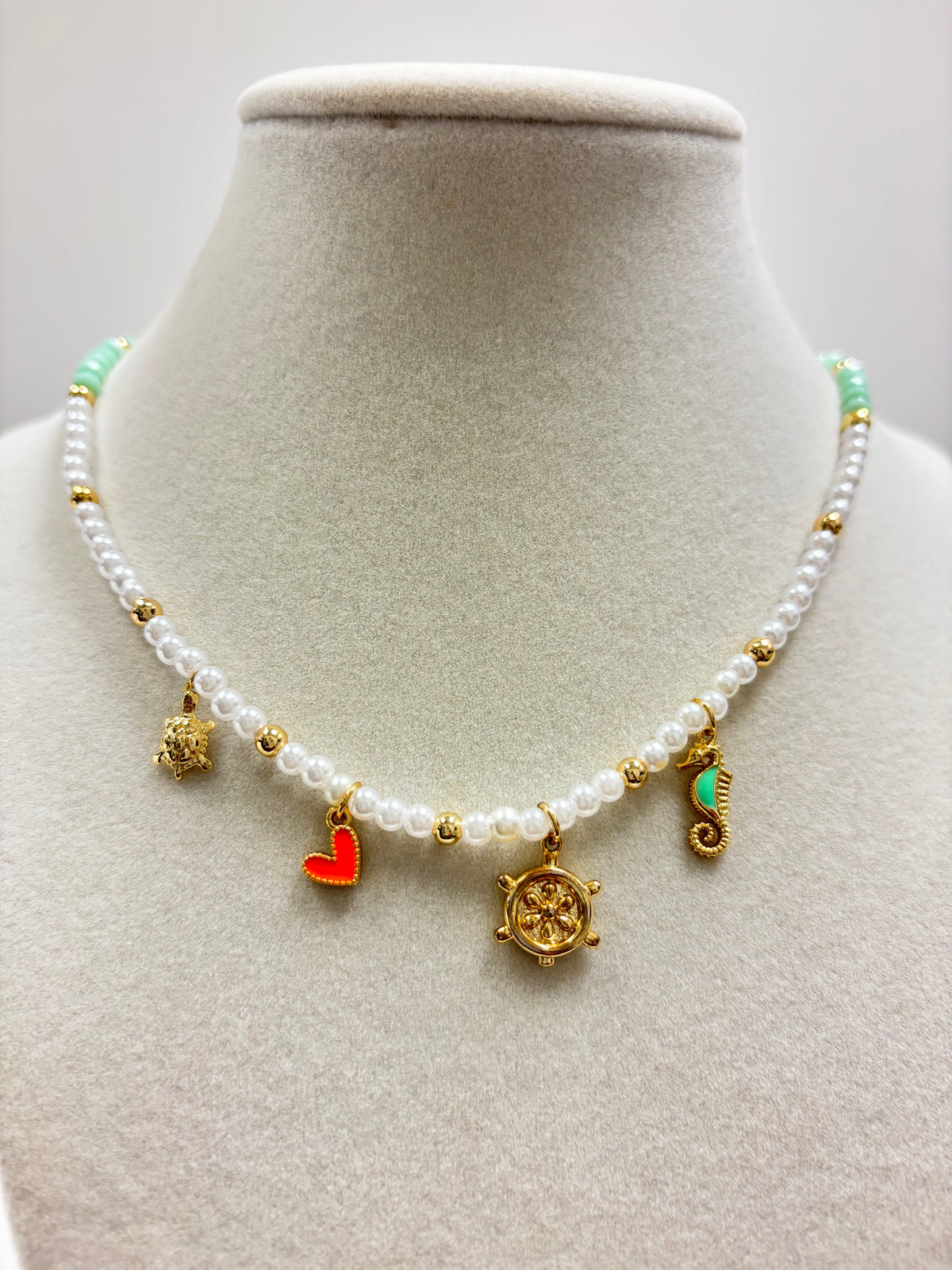 Mini Pearls & Mint Green Beads W/Turtle-Heart-Helm-Seahorse Charms Necklace