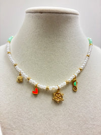 Mini Pearls & Mint Green Beads W/Turtle-Heart-Helm-Seahorse Charms Necklace