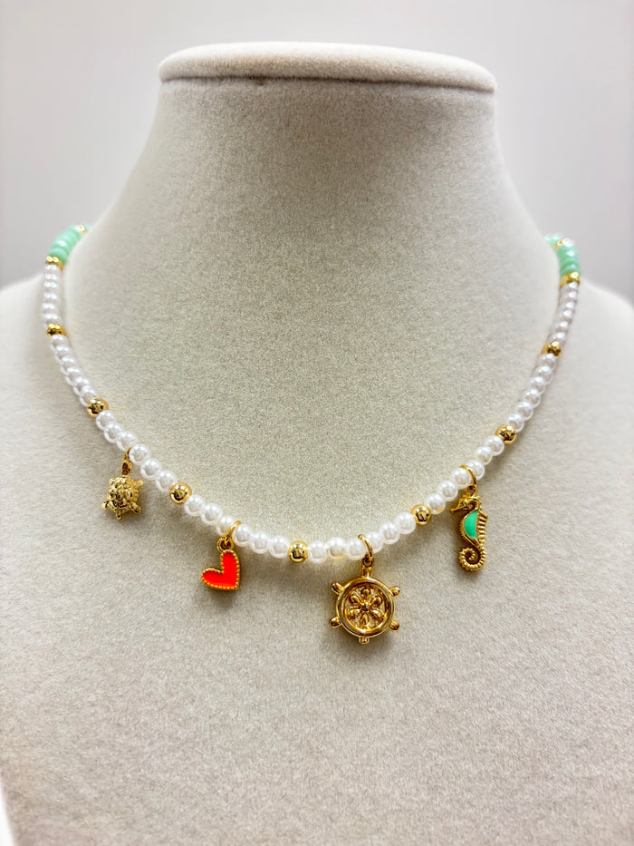Mini Pearls & Mint Green Beads W/Turtle-Heart-Helm-Seahorse Charms Necklace