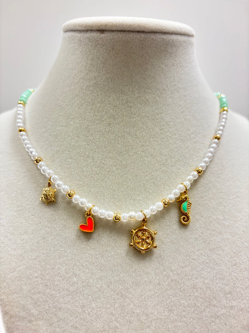 Mini Pearls & Mint Green Beads W/Turtle-Heart-Helm-Seahorse Charms Necklace