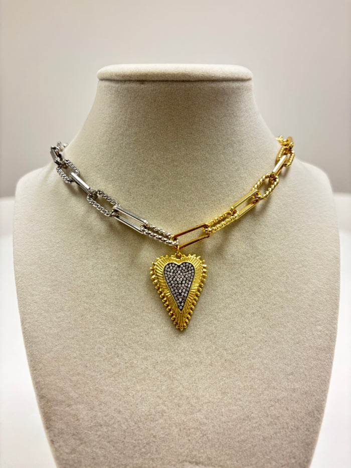 Silver & Gold Chain W/Gold HearT W/Mini Brilliants Necklace