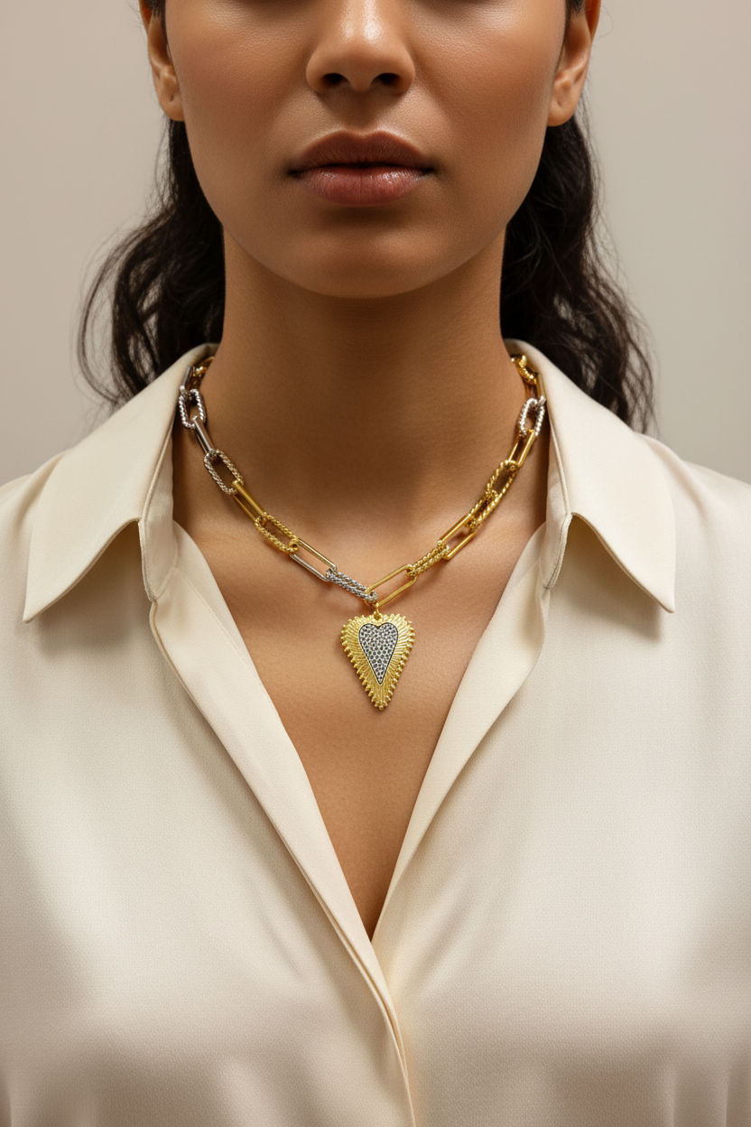 Silver & Gold Chain W/Gold HearT W/Mini Brilliants Necklace