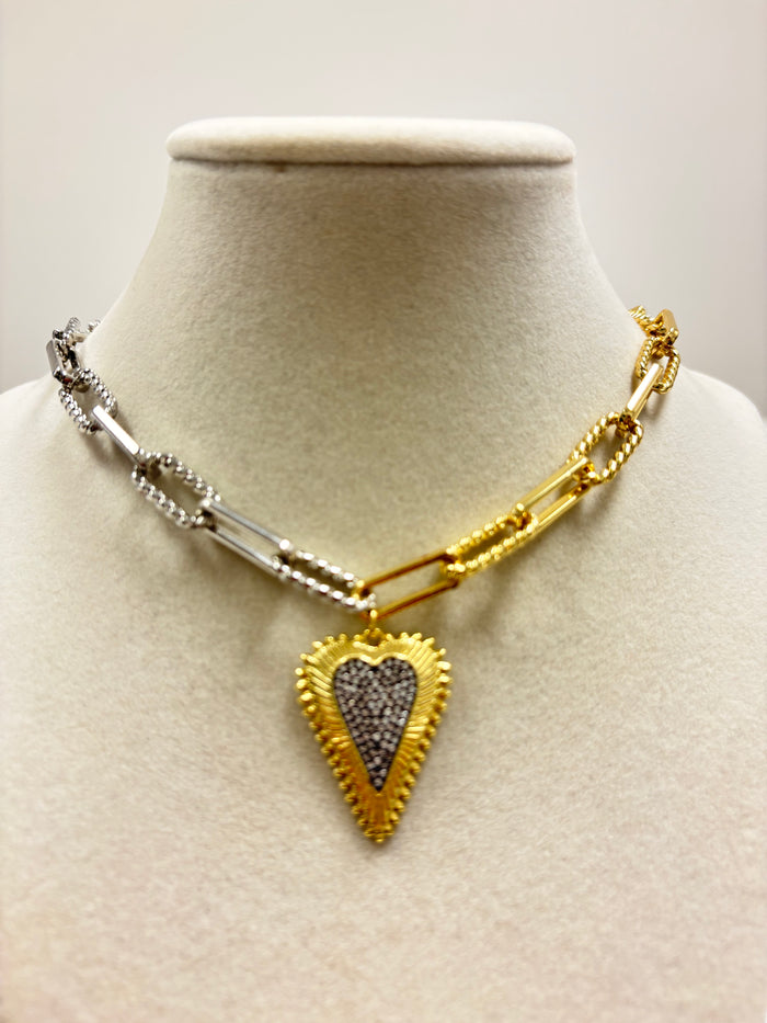 Silver & Gold Chain W/Gold HearT W/Mini Brilliants Necklace