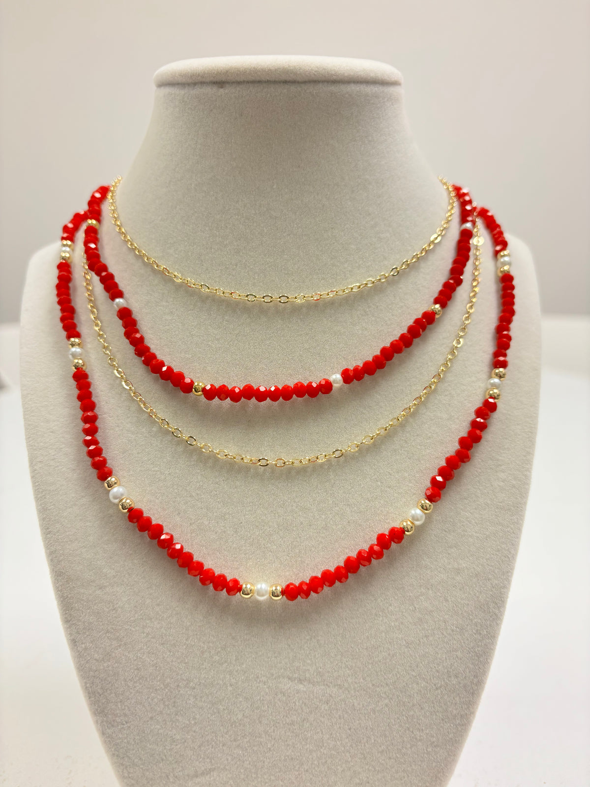 Multiple Layers Gold & Red Beads W/Mini Pearl Necklace