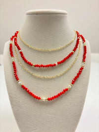 Multiple Layers Gold & Red Beads W/Mini Pearl Necklace