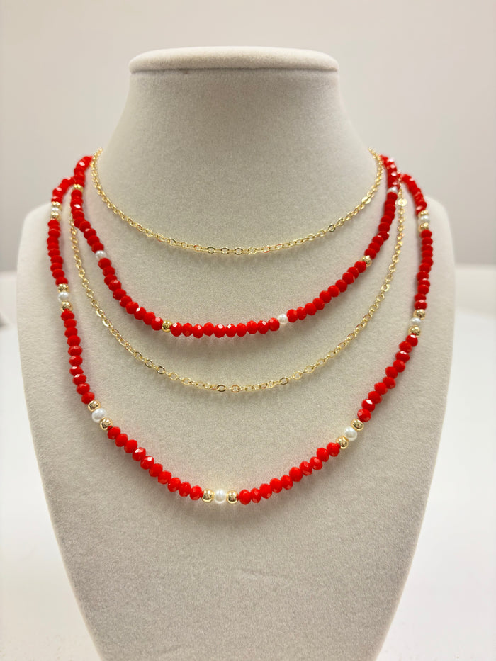 Multiple Layers Gold & Red Beads W/Mini Pearl Necklace