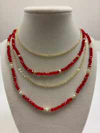 Multiple Layers Gold & Red Beads W/Mini Pearl Necklace
