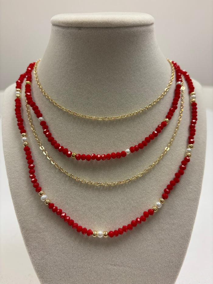 Multiple Layers Gold & Red Beads W/Mini Pearl Necklace